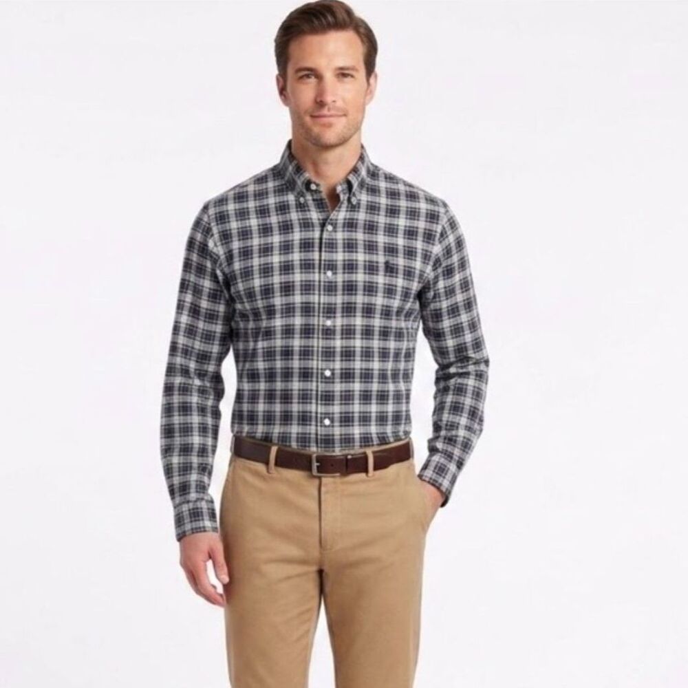 Ralph Lauren Men's Navy Plaid 100% Cotton Classic LS Button-Down Shirt Size L